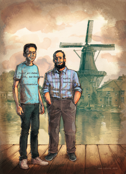 Getekend dubbelportret van twee mensen bij een Hollandse molen — illustratiewerk van Inzicht Studio